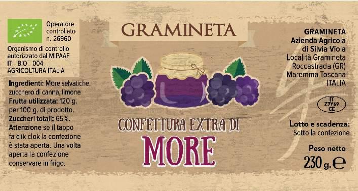 Confettura EXTRA di MORE Frutta utilizzata per 100g di prodotto 130g Zuccheri totali per 100g di prodotto 65g Ph Marmellata: variabile da 3,5 a 3,8 Dati nutrizionali medi