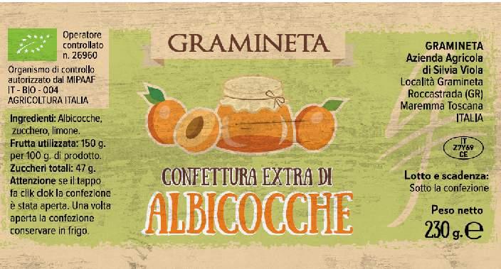 Confettura EXTRA di ALBICOCCHE Frutta utilizzata per 100g di prodotto 105g Zuccheri totali per 100g di prodotto 65g Ph Marmellata: variabile da 3,5 a 3,8 Dati nutrizionali