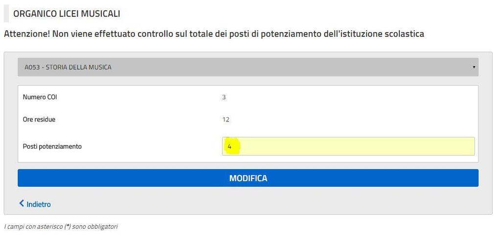 L utente può modificare il numero dei Posti di Potenziamento precedentemente acquisiti e confermare l operazione con un click sul tasto Modifica.