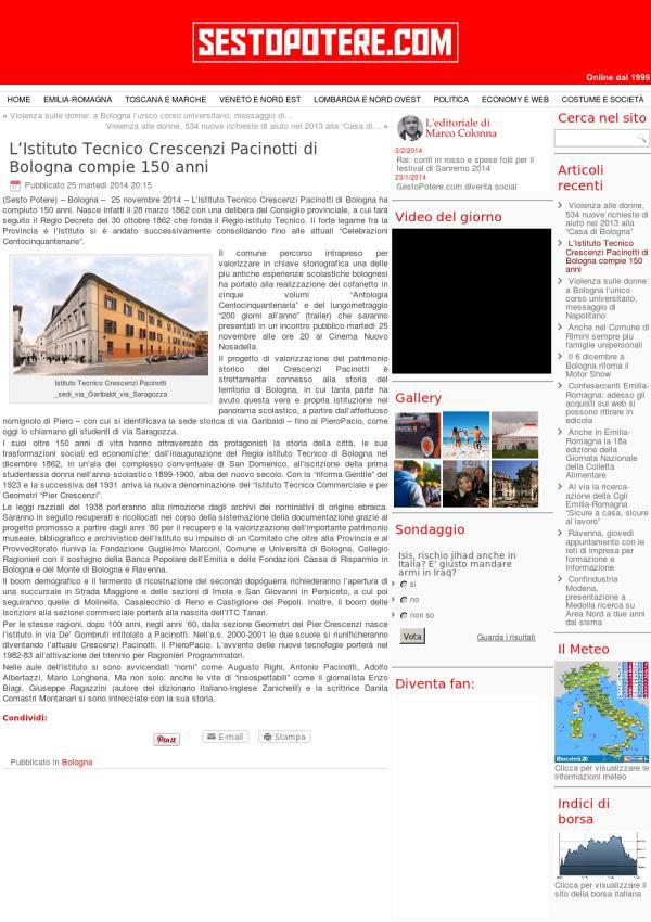 25 novembre 2014 Sesto Potere L' Istituto Tecnico Crescenzi Pacinotti di Bologna compie 150 anni «Violenza sulle donne: a Bologna l' unico corso universitario, messaggio di Violenza alle donne, 534