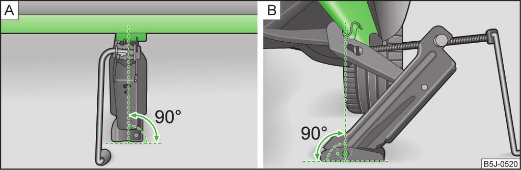 Applicare il martinetto nel punto più vicino alla ruota da sostituire.» fig. 144 Il punto di applicazione si trova direttamente sotto all'incisione nel longherone inferiore.