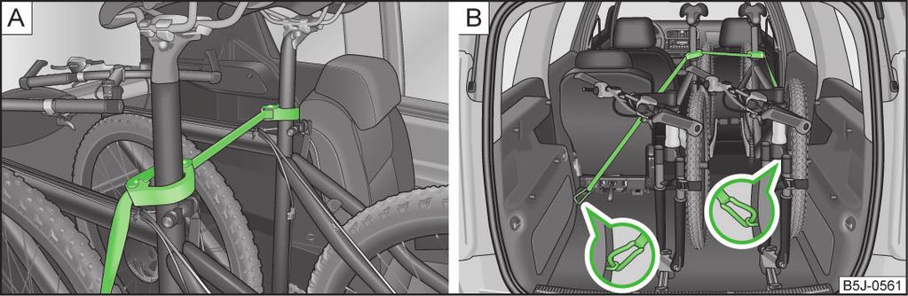 Assicurare la stabilità delle biciclette con una cinghia Fig. 57 Fissaggio sicuro delle biciclette a pagina 62.