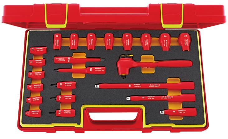 0196032020 Pezzi: 13 605,88 349,00 Leva a cricco VDE Leva a cricco isolata VDE a 80 denti, con funzione Quick release Assortimento bussole VDE 19 bussole VDE