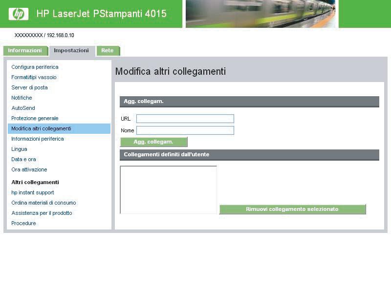 Modifica altri collegamenti È possibile utilizzare la schermata Modifica altri collegamenti per aggiungere o personalizzare un massimo di cinque collegamenti ai siti Web desiderati (vedere la nota