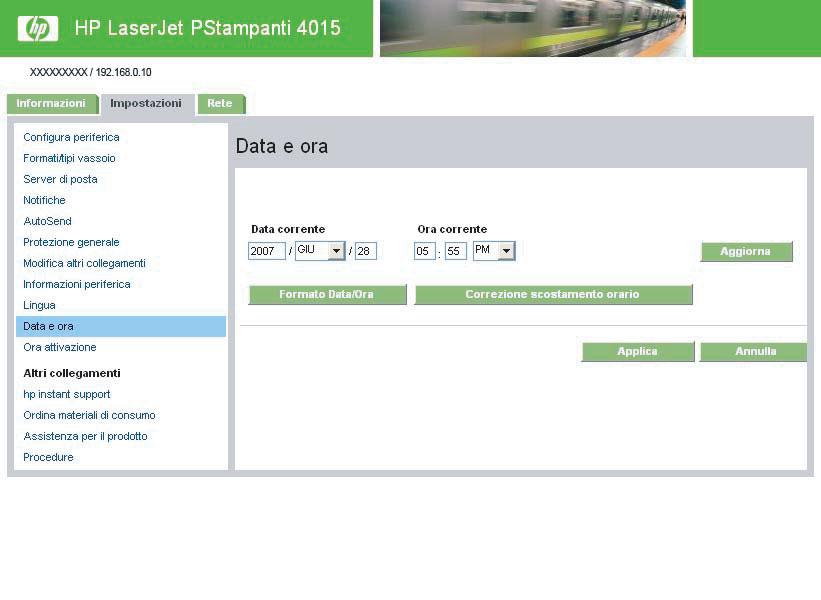 Data e ora Utilizzare la schermata Data e ora per aggiornare l'ora del prodotto. L'illustrazione e la tabella seguenti descrivono come utilizzare questa schermata.