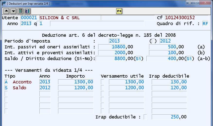 Rispetto allo scorso anno e stata modifica questa videata in modo da rendere visibile, per l acconto, il controllo tra importi versati e totale imposta. R.I.6.