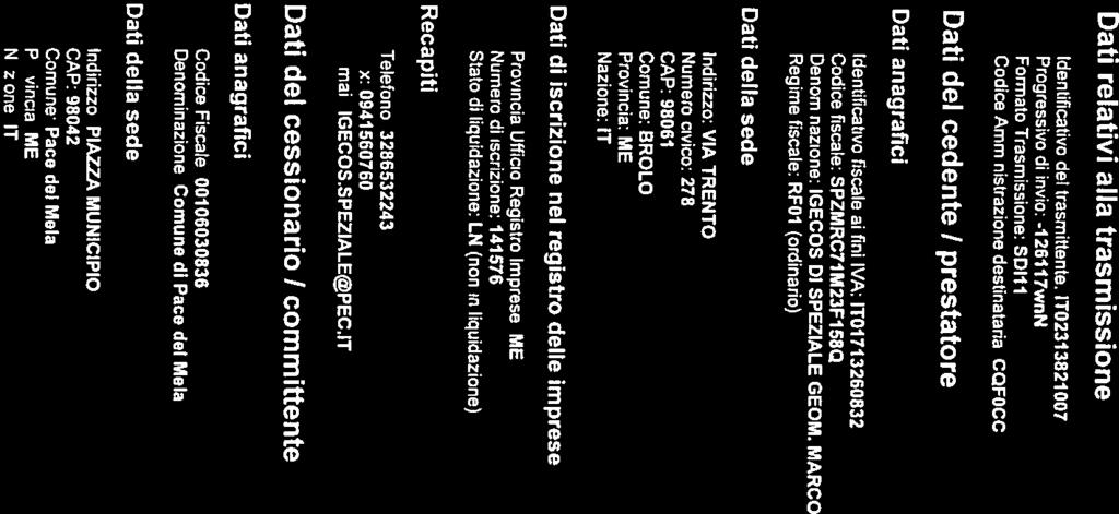 Pagina di 2 FATTURA ELETTRONICA Dati relativi alla trasmissione Identificativo d& trasmittente: 1T0231 3821007 Progressivo di invio: -126117wnN Formato Trasmissione: SDIII Codice Amministrazione