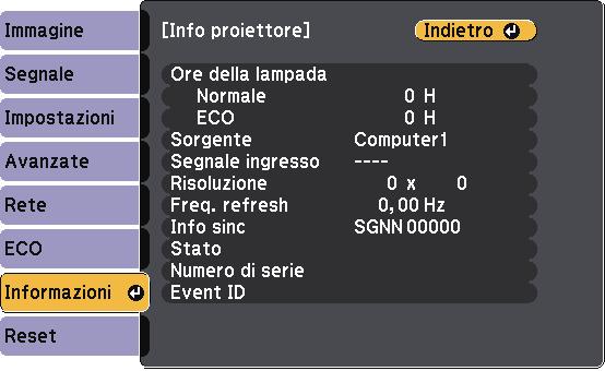 Visulizzzione delle informzioni sul proiettore - Menu Informzioni 165 Le informzioni sul proiettore e l reltiv versione possono essere visulizzte ttrverso il menu Informzioni.