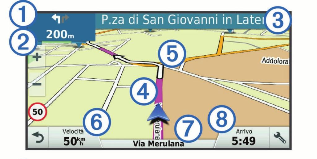 À Svolta successiva nel percorso. Indica la svolta successiva e la corsia corretta da mantenere, laddove disponibile. Á Distanza dalla svolta successiva.