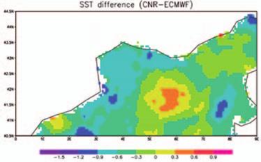 Fig. 3 Differenze tra i campi di analisi della temperatura del mare del CNR e di ECMWF. Fig.