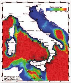 Figura 2:Griglia di calcolo lungo la costa italiana con posizione delle stazioni di misura. Figure 2: Numerical grid along the Italian coast with location of measuring stations.