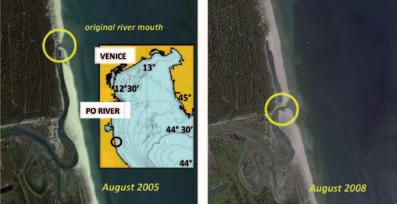 Figura 1. Immagine da satellite (Google Earth TM ) della zona del fiume Bevano prima (pannello di sinistra, 2005) e dopo (pannello di destra) l apertura della nuova foce.