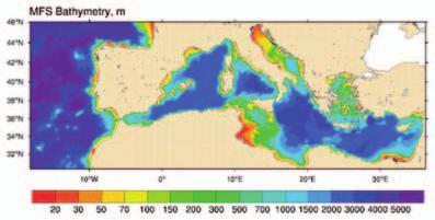 Figura 1: Il dominio del modello numerico del Mare Mediterraneo, chiamato nel testo MFS Figure 1: The domain of the numerical model for the Mediterranean, referred to in the text as MFS (Nucleus for