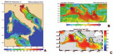 Fig. 2. A) Batimetria dei mari Italiani (la linea continua mostra la distanza di 40 km dalla costa, definita out of sight); le stelle inidicano i siti analizzati nell articolo.