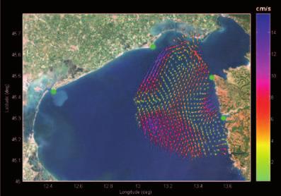 Fig. 2: Mappa vettoriale della corrente superficiale in alto adriatico ottenuta dalla combinazione di quattro siti radar. Fig.
