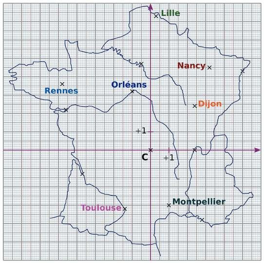 Un po di geografia della Francia Abbiamo disegnato un piano cartesiano sulla cartina della Francia. L origine di questo piano è la città di Clermod Ferrand rappresentata dal punto C.