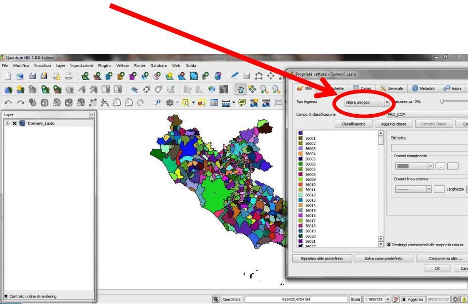 valore univoco: assegna i colori dei singoli elementi in base al valore di un campo. Adatto quando si scelgono campi categorici (province, classi, tipo di uso del suolo.