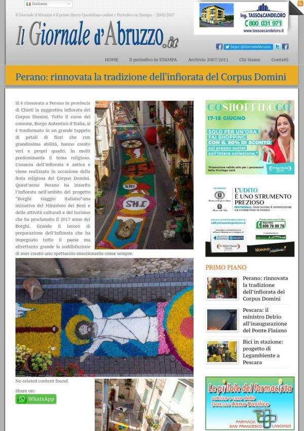 19 giugno 2017 ilgiornaledabruzzo.it Perano: rinnovata la tradizione dell'infiorata del Corpus Domini Si è rinnovata a Perano in provincia di Chieti la suggestiva infiorata del Corpus Domini.