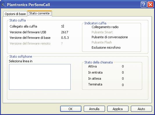 Schermata Opzioni di base Schermata Stato corrente NOTA: alcune funzioni di PerSonoCall non sono attive, quindi non sono applicabili al sistema Voyager 510 USB.