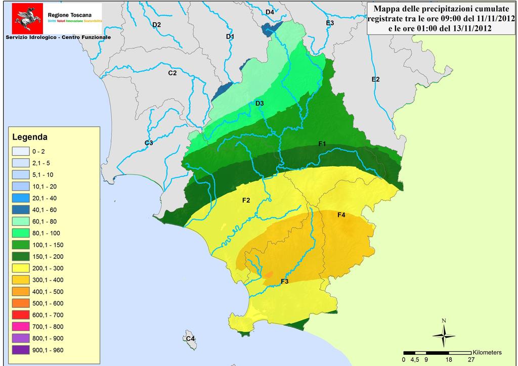 RISCHIO ALLUVIONI IN TOSCANA: PRECIPITAZIONI ED EFFETTI AL SUOLO Firenze 22 Aprile 2015 Esempi computazionali: evento Albegna 2012 Mappa di distribuzione