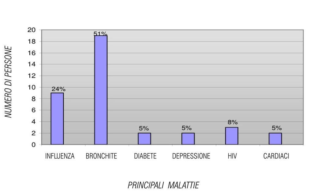 12 Frequenza delle principali malattie Delle 202 famiglie intervistate, il 30% ha dichiarato di avere avuto alcun membro della famiglia con alcun tipo di malattia.