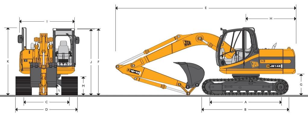 ESCAVATORE CINGOLATO JCB JS 145 A Lunghezza appoggio cingolo mm 2.780 I Larghezza totale piattaforma mm 2.410 B Lunghezza totale del carro mm 3.550 J Altezza alla cabina mm 2.755 C Carreggiata mm 1.