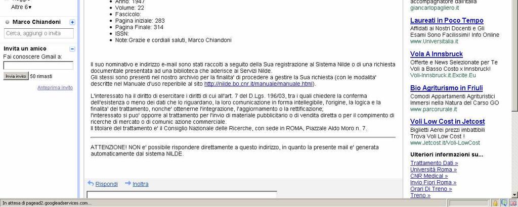 Ho appena inoltrato una richiesta: contestualmente, nella mia mailbox