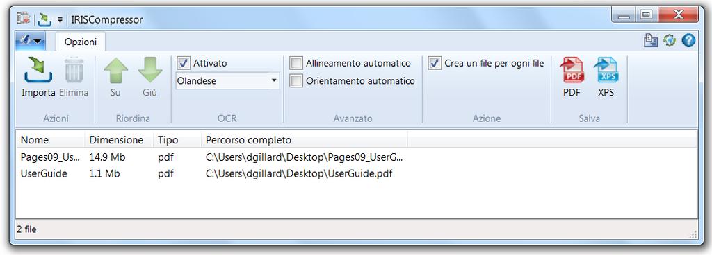 IRISCompressor TM Pro Guida utente INTERFACCIA DI IRISCOMPRESSOR PRO Grazie all'interfaccia di IRISCompressor potrete importare file di immagine e PDF, organizzarli secondo l'ordine che desiderate e