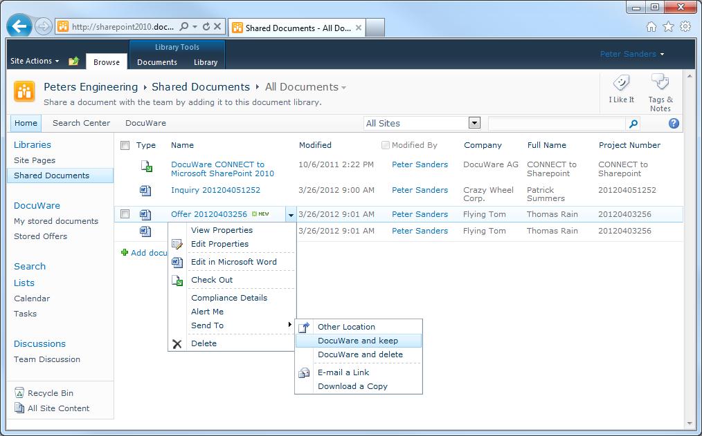 Semplificazione dell'archiviazione a lungo termine e conforme alle revisioni: sono sufficienti due clic per archiviare documenti direttamente da SharePoint in DocuWare.