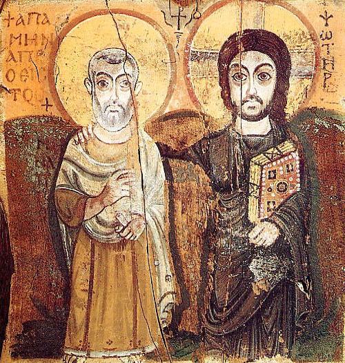 Un'icona copta del VI secolo di Cristo con San Mina Come si può vedere, l'idea che lo stile dell'iconografia bizantina sia il risultato di secoli di evoluzione o di sviluppo dal semplice al complesso