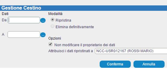 7.1.5 Gestione cestino Dal link Gestione Cestino, si accede alla maschera: da questa maschera è possibile ripristinare le dichiarazioni eliminate, se tengo la spunta sul campo