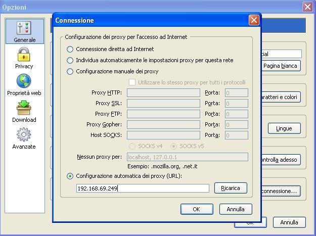 Configurazione del Proxy (1/2) Mozilla Firefox Strumenti Opzioni Generale Impostazioni