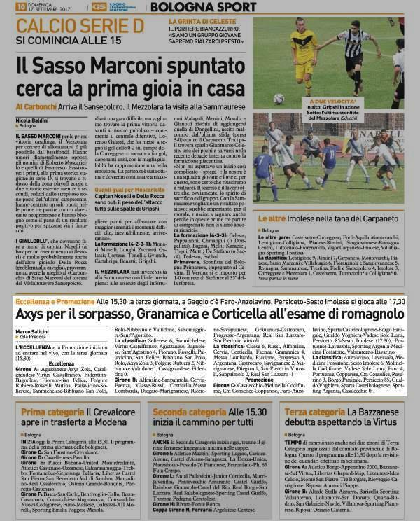 17 settembre 2017 Pagina 86 Il Resto del Carlino (ed. Bologna) Sport Eccellenza e Promozione Alle 15,30 la terza giornata, a Gaggio c' è Faro Anzolavino.