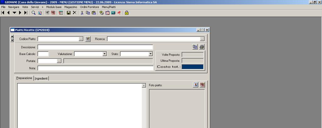 PIATTI/RICETTA Questa funzione permette la registrazione e la manutenzione dei piatti che verranno preparati.