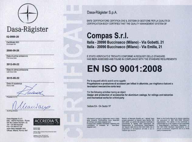 CERTIFICAZIONE / CERTIFICATION EN ISO 9001:2008 Per informazioni tecnico/commerciali For technical/commercial information Tel. +39 02 48843894 r.a. Fax +39 02 48843763 r.a. uff.tech@compas-srl.it uff.