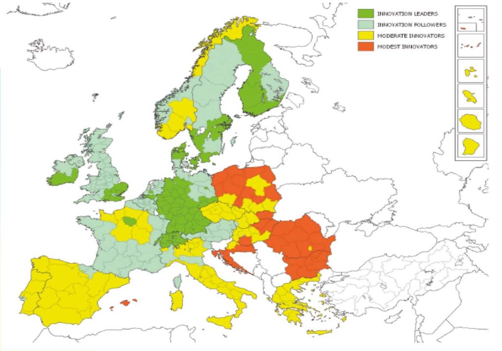 Fig.1 - Il posizionamento delle regioni europee nel Regional Innovation Scoreboard 2014 (gruppi regionali per capacità