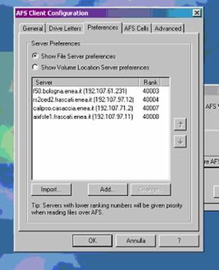 Dal tab Preferences selezionare lopzione Show file server preferences e premere il pulsnate Add; inserire nel campo Server i seguenti tre nomi: f50.bologna.enea.it aixsfe1.frascati.enea.it rs2ced.
