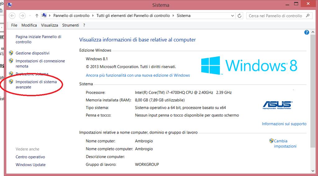 Variabili di ambiente. Procedura per Windows 8.