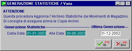 STATISTICHE - AD HOC WINDOWS GENERAZIONE La generazione statistiche permette di creare o aggiornare l'archivio statistiche.