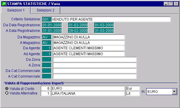 AD HOC WINDOWS STATISTICHE A questo punto eseguiamo una stampa statistiche utilizzando il criterio 001 - Venduto per agente impostando la seguente selezione (precedentemente avremo eseguito