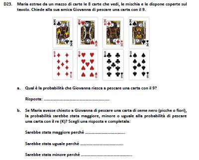 Risposta corretta D23a: oppure 0,5 Dati e previsioni D23b: Sarebbe stata uguale seguito da una giustificazione corretta. Esempi di risposte corrette: Perché le carte con il seme nero sono 4 come i re.