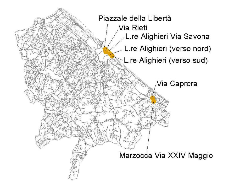 N Siti centraline RF E min E max 1 L.re Alighieri (verso nord) <0.5 4.8 2 L.re Alighieri (verso sud) 0.6 2.8 3 L.re Alighieri Via Savona <0.5 1.9 4 Marzocca Via XXIV Maggio <0.5 1.5 5 Marzocca Via Caprera <0.