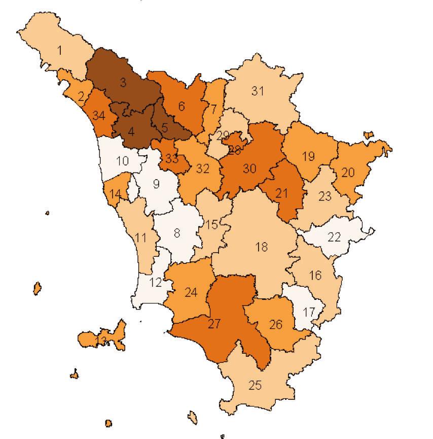 I PRIMI RISULTATI ritorio per superficie (in km 2 ) della zona socio-sanitaria di ubicazione, è possibile evidenziare le 3 aree di maggiore concentrazione: quella nord-ovest, comprensiva delle zone