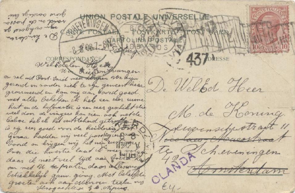 Cartolina postale spedita da Genova Ferrovia il 6 agosto 1908 e diretta a Scheveningen, in Olanda.