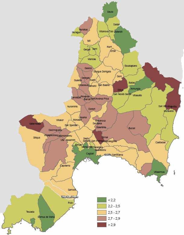 Numero medio di componenti per famiglia al 31 dicembre dal 2003 al 2009 3,00 2,90 2,80 2,70 2,60 2,50 in diversi ambiti territoriali 2,40 2003 2004 2005 2006 2007 2008 2009 Al 31 dicembre 2009 i