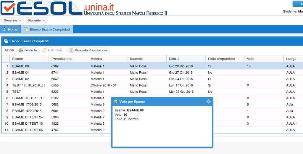 52): Figura 52 Dopo avere cliccato il pulsante Tuo Voto, comparirà un Pop Up ( Voto per Esame ) in cui saranno elencati Esito