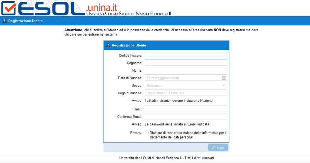 Dopo avere cliccato il pulsante Registrati, comparirà un modulo in cui inserire i propri dati anagrafici e un valido indirizzo e mail, utilizzato successivamente dalla procedura per inviare la