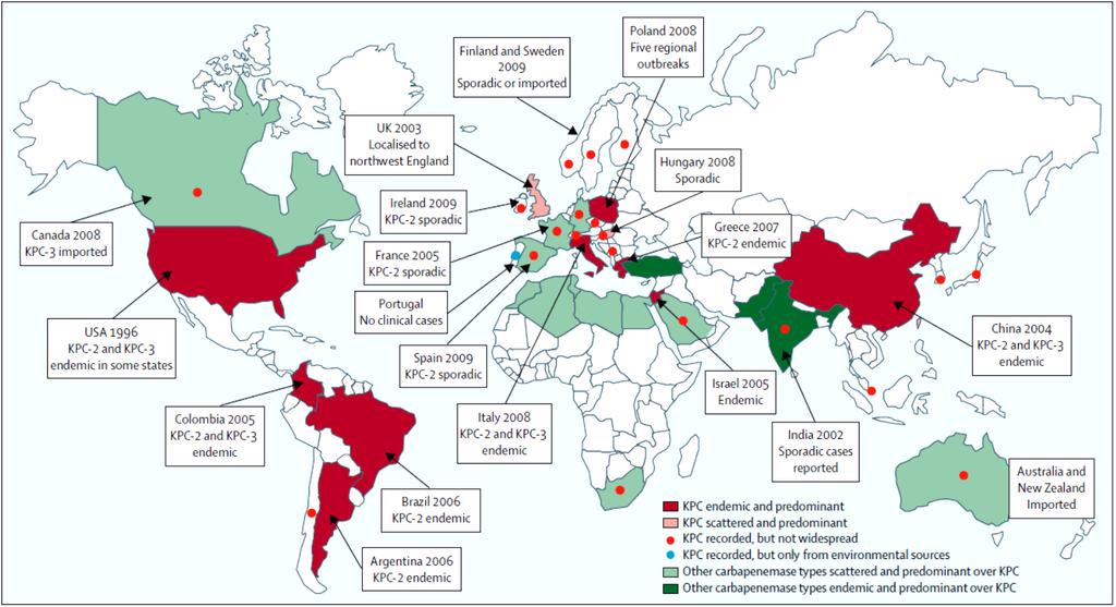 Un problema di sanità pubblica globale Klebsiella Pneumoniae produttrici di carbapenemasi Primo isolamento 1996 USA Italia primo isolamento 2008