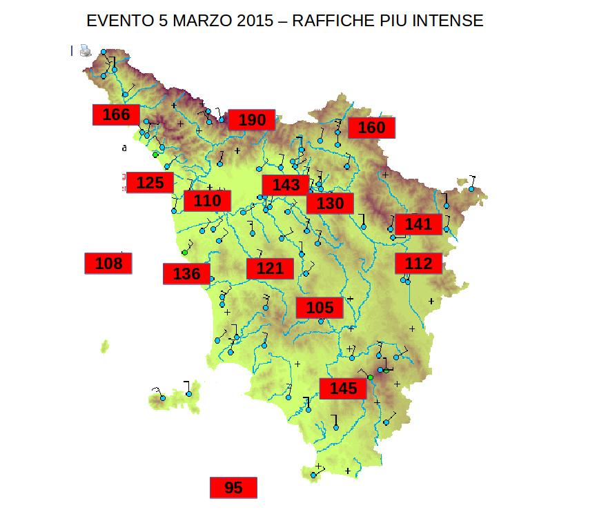 141 km/h a Montecchio-Subbiano (585 m - provincia di Arezzo) 136 km/h a Quercianella (LI) 130 km/h a Firenze Peretola 125 km/h a Forte dei Marmi (LU) 121 km/h a Castelnuovo VDC (770 m - provincia di