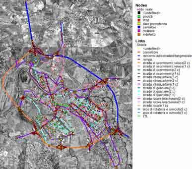 Il modello di rete nella configurazione iniziale è composto da 677 nodi reali ed 80 nodi centroidi, ciascuno classificato come descritto in precedenza. In Figura 3.